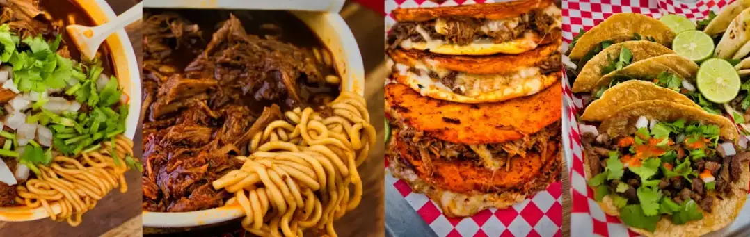 Birria ramen with rich consommé, crispy quesabirria tacos with melted cheese, Carne asada tacos with grilled steak — Mexican restaurant at Takitos Con Sabor Texas